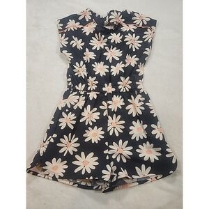 Fab Kids‎ Short Roomper Black With Peach Flowers With Pocket  Large 10-12